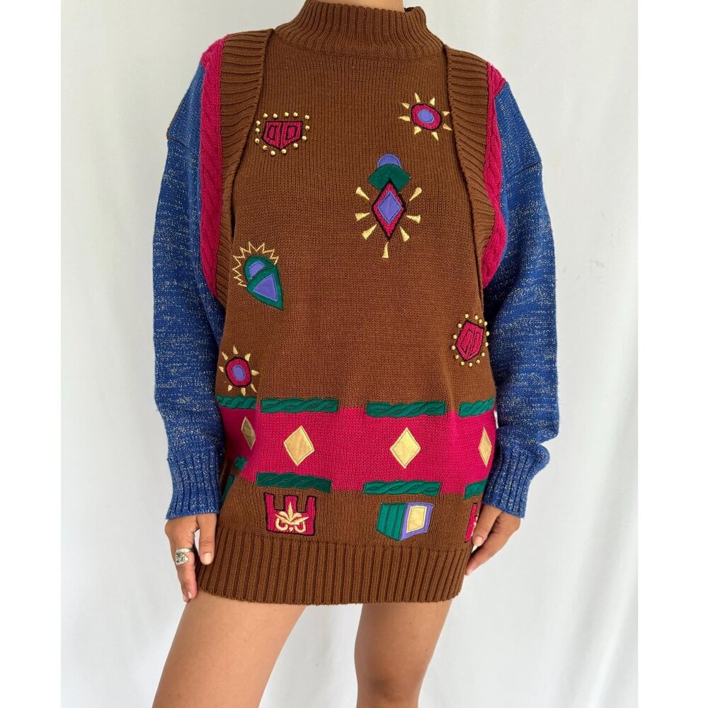 80s vintage colorful funky crazy abstract print novelty knit long sweater tunic